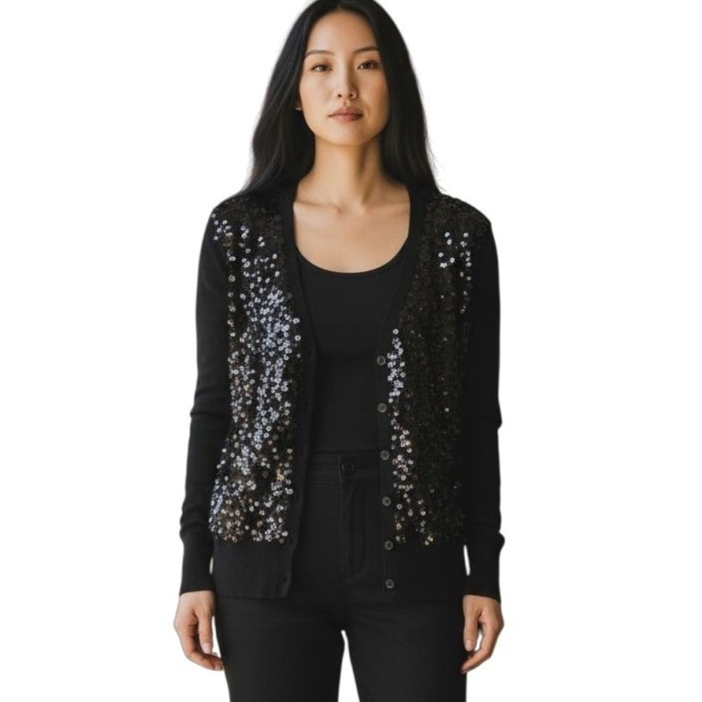 Joseph A Black Sequin Front Cardigan Sweater Women's Size M